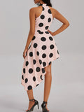 woloong Polka-Dot Asymmetric Sleeveless Loose Halter-Neck Midi Dresses