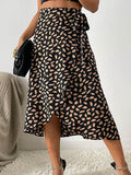 woloong Tied Waist Split-Front Printed Loose High-Low Skirts Bottoms