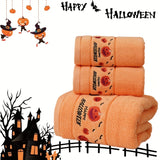 3pcs Halloween-Themed Bath Towel Set - Soft 100% Cotton Terry Cloth Bath Linen Sets with Embroidered Pumpkin Spirit Design, Happy Halloween Bathroom Accessories, Festival Gift for Shower, Sauna, and Halloween Decorations