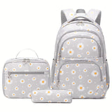 3pcs Cute Daisy Pattern School Bag Set - Adjustable, Lightweight, Water-Resistant Backpack, Handheld Bag, Pencil Case - Black, Polyester Lining, Zipper Closure, Perfect for College, Easy Hand Wash