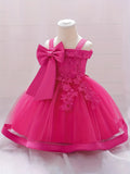 Elegant Girls' Embroidery Cold Shoulder Bow Tutu Dress Kids Clothes Gift Christmas