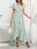 woloong Tied Striped Split-Joint Short Sleeves Loose V-Neck Maxi Dresses