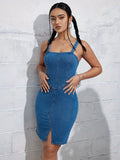 Women's Split Denim Bodycon Dress, Sexy Sleeveless, Knee-Length, Slim Fit, Summer Fashion, Back Zip Closure, Casual Streetwear