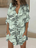 woloong Camouflage Buttoned Loose Long Sleeves Lapel Shirt Dress Mini Dresses