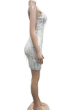 woloong - Apricot Sexy Solid Tassel Sequins Patchwork Spaghetti Strap Sling Dress Dresses