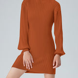 Lantern Long Sleeve Sweater Dress - Body-Hugging Fit Solid Color Elegant High Neckline Girls Knitted Sweater Dress for Everyday Wear with Comfortable Relaxed Fit and Easy Pullover Style