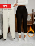 1pc Thermal Fleece-Lined High-Waist Leggings, Butt-Lifting, Slim-Fit, Mid-Stretch Warm Base Layer Pants Indoor & Outdoor Activities, Solid Black For Fall & Winter