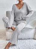 woloong V-Neck Long Sleeves Loose Solid Color Shirt Top + Pants Bottom Pajama Sets