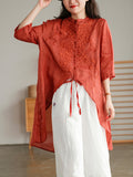 woloong Original Embroidered Irregularity Round-Neck Blouse Tops