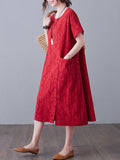woloong Original Solid Jacquard Short Sleeve Midi Dress