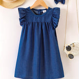 Girls Charming Denim Ruffle Dress with Adorable Button Detail - Flouncy Sleeveless Design for Fun Summer Holidays