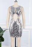 woloong - Silver Sexy Solid Hollowed Out Patchwork Strap Design Reflective O Neck One Step Skirt Dresses