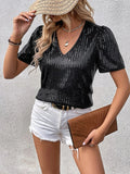 woloong Split-Joint Shiny Sequined Short Sleeves Loose V-Neck T-Shirts