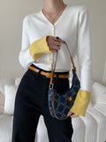 woloong Split-Joint Contrast Color Buttoned Long Sleeves Flared Sleeves V-Neck Cardigan Tops