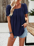 woloong Solid Color Pleated Hollow Short Sleeves Loose Square-Neck T-Shirts Tops