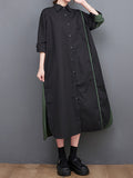 woloong Split-Side Split-Joint Buttoned Asymmetric Loose Long Sleeves Lapel Shirt Dress Midi Dresses