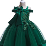 Elegant Girls' Embroidery Cold Shoulder Bow Tutu Dress Kids Clothes Gift Christmas