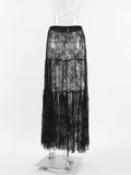 woloong Split-Joint See-Through Mesh Jacquard Hollow Elasticity Loose High Waisted Skirts Bottoms