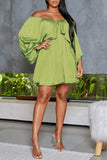 woloong - Light Green Casual Solid Patchwork Off the Shoulder Long Sleeve Dresses