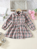 Girls' Casual Plaid Shirt Dress With Long Sleeves, Button Front And Waist Tie For Everyday Wear