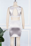 woloong - Silver Sexy Solid Hollowed Out Patchwork Strap Design Reflective O Neck One Step Skirt Dresses