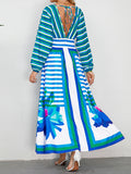 woloong Tied Striped Split-Joint Flower Print Elasticity Backless Loose Long Sleeves V-neck Maxi Dresses