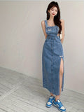 Split Side Plain Washed Blue Retro Style Raw Hem Overall Denim Dress, Women's Denim Jeans & Clothing