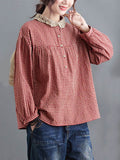 woloong Plaid Ramie Cotton Plus Szie Long Sleeve Shirts