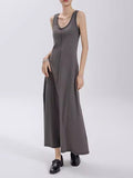 woloong Split-Joint Solid Color Sleeveless Loose Round-Neck Maxi Dresses