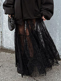 woloong Split-Joint See-Through Mesh Jacquard Hollow Elasticity Loose High Waisted Skirts Bottoms