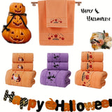 3pcs Halloween-Themed Bath Towel Set - Soft 100% Cotton Terry Cloth Bath Linen Sets with Embroidered Pumpkin Spirit Design, Happy Halloween Bathroom Accessories, Festival Gift for Shower, Sauna, and Halloween Decorations