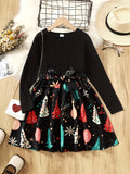 Long Sleeve Girls Christmas Tree Graphic Dress With Bow Belt For Fall Party