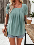woloong Solid Color Pleated Hollow Short Sleeves Loose Square-Neck T-Shirts Tops