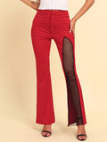 woloong Zipper Split-Joint Mesh Asymmetric High Waisted Pants Flared Trousers