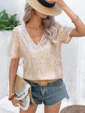 woloong Split-Joint Shiny Sequined Short Sleeves Loose V-Neck T-Shirts
