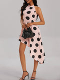 woloong Polka-Dot Asymmetric Sleeveless Loose Halter-Neck Midi Dresses