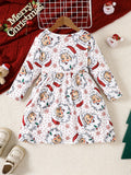 Girls Cute & Sweet Long Sleeve Allover Cartoon Christmas Elements Pattern Dress For Spring & Fall, As Christmas Gifts