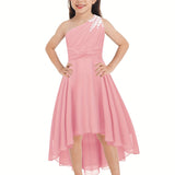 Knee High Elegant One-Shoulder Chiffon Fit and Flare Dress for Girls - Shimmering Rhinestone, Medium Stretch, Sleeveless, Pleated Hem, Solid Color, Hand Wash - Perfect for Junior Bridesmaid, Wedding, Pageant, and Party Occasions