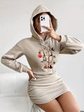 Christmas Cat Tree Pattern Hooded Dress - Casual, Drawstring, Ruched, Bodycon, Fall and Winter Seasonal Wear for Women