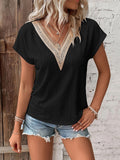 woloong Split-Joint Jacquard Hollow Short Sleeves Raglan Sleeve V-Neck T-Shirts Tops