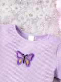 Girls' Ribbed Knit Solid Color Round Neck Dress with Butterfly Applique, Casual Style, Purple - Kids' Fashion Clothing