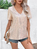 woloong Split-Joint Shiny Sequined Short Sleeves Loose V-Neck T-Shirts