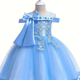 Elegant Girls' Embroidery Cold Shoulder Bow Tutu Dress Kids Clothes Gift Christmas