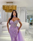 Stunning Purple Mermaid Evening Dresses Elegant Leaf Beading Shoulder Prom Dress Beads Side Train Custom Made Formal Dresses For Women 0515