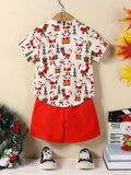 Boys' Christmas Printed 2-Piece Outfit, Polyester Fabric, Party Style, Non-Stretch, Random Print, Regular Fit, Woven, Button Detail, Shorts Set for Toddler Boys, for Outdoor