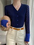 woloong Split-Joint Contrast Color Buttoned Long Sleeves Flared Sleeves V-Neck Cardigan Tops