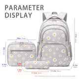 3pcs Cute Daisy Pattern School Bag Set - Adjustable, Lightweight, Water-Resistant Backpack, Handheld Bag, Pencil Case - Black, Polyester Lining, Zipper Closure, Perfect for College, Easy Hand Wash