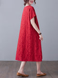 woloong Original Solid Jacquard Short Sleeve Midi Dress