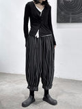 woloong Striped Patterns Split-Joint High-Waisted Wide Leg Loose Trousers Pants