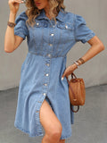 Knee-length Jean Dress - Relaxed Casual Style with Classic Button Down Front and Comfortable Short Sleeves - Designed for Women, Perfect for Summer Outings and Everyday Wear